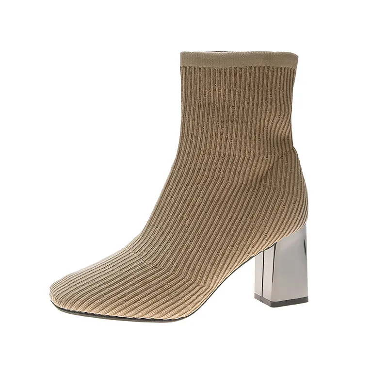 

Knitted stretch boots ladies 2018 new autumn and winter single boots high heel boots thick with thin women's boots socks