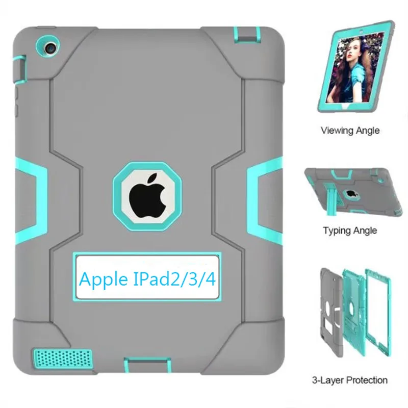 For Apple IPad2 IPad3 IPad4 Kids Safe Armor Shockproof Heavy Duty Silicon PC Stand Back Case