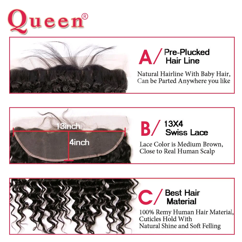 Queen Products Brazilian Deep Wave 13*4 Lace Frontal Closure 100% Remy Human Hair Frontal Bleached Knots Can Buy With Bundles