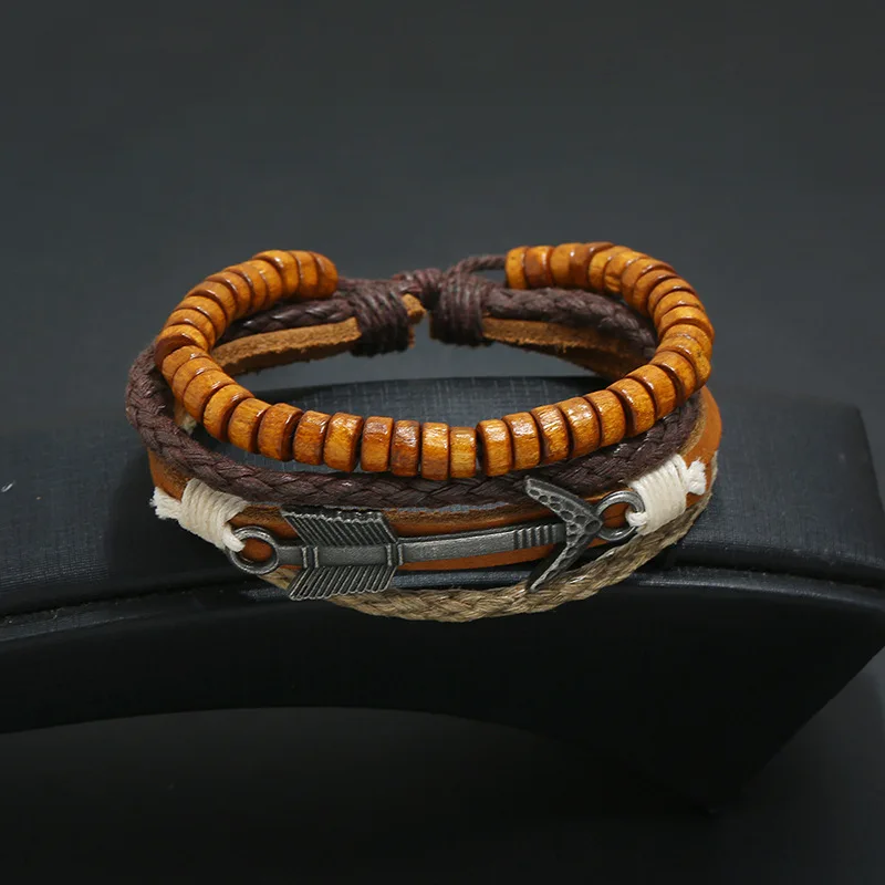 

Europe and the United States new retro alloy arrow leather bracelet multi-layer wooden beads men's jewelry hemp rope weaving