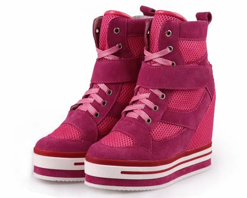

2017 women high top lace up thick sole wedge high heels platform breathable height increasing ladies casual shoes zapatos mujer