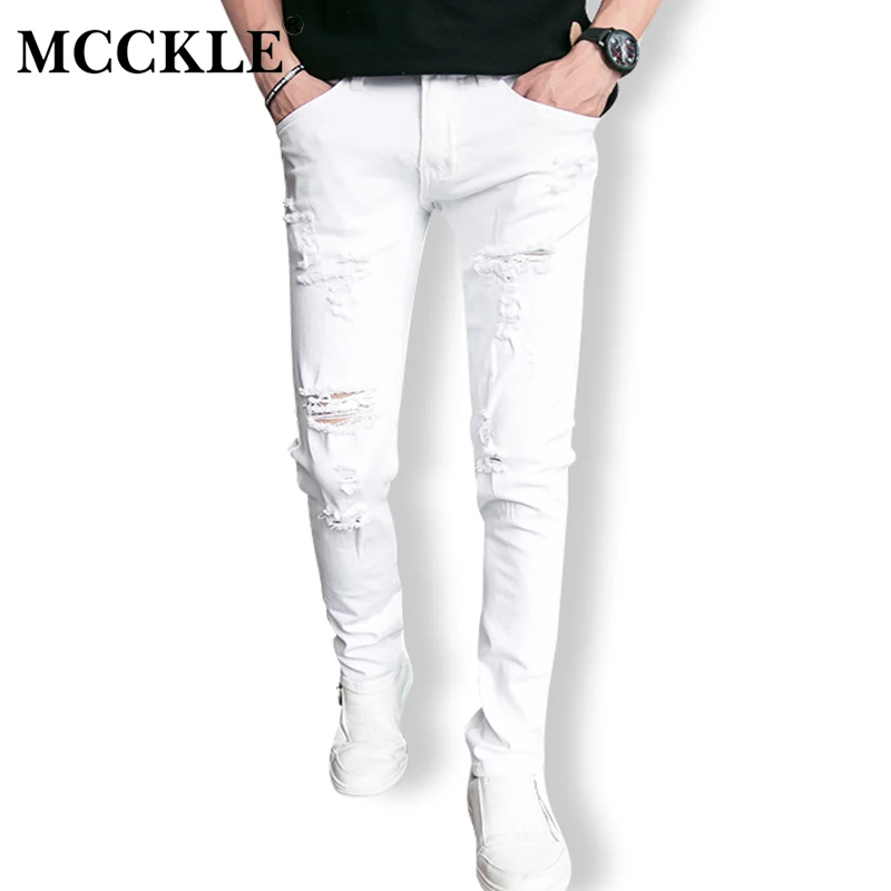 Vente Jeans blancs trous hommes pantalons Denim Hip Hop déchiré moulante Skinny pantalon pour hommes 2019 été Streetwear mode vêtements homme