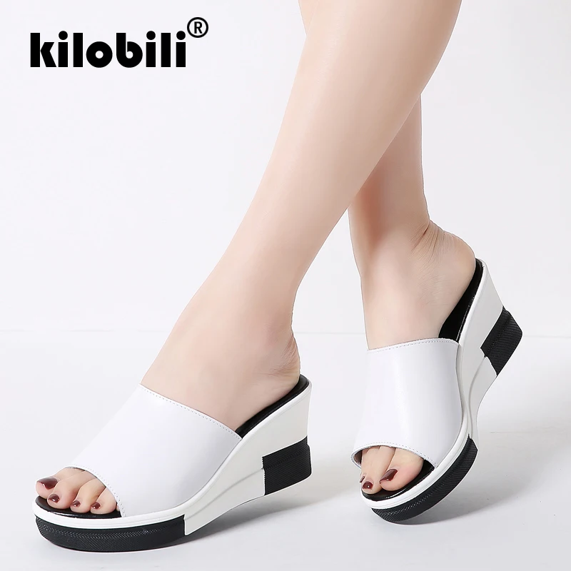 Kilobili 2018 Для женщин летние из натуральной кожи Тапочки выдалбливают с круглым