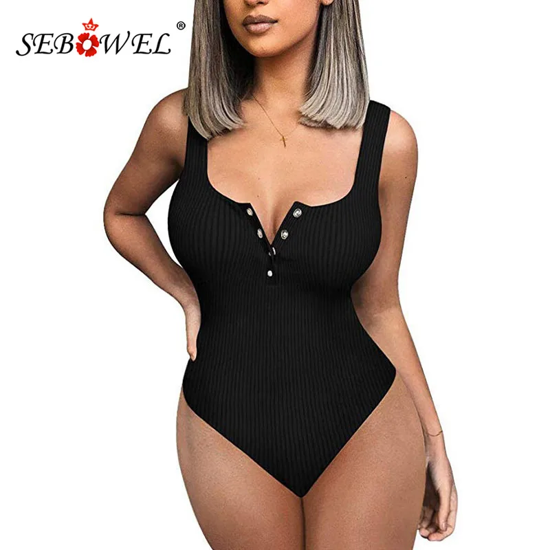 

SEBOWEL Summer Sleeveless Deep V Slim Bodysuit Women Female Basic Tank Top Button Down Bodycon Body Top Clothes Vest Bodysuits
