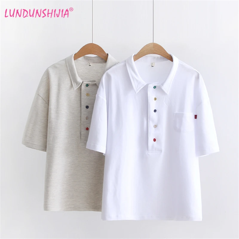 

LUNDUNSHIJIA 2019 Summer Women Short Sleeves Polo Shirt Color Button Decoration Tees Top White Gray Cotton Female T-shirt