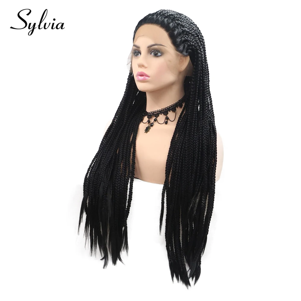Sylvia 1b черный плетеный ящик косички Синтетические Кружева передние парики