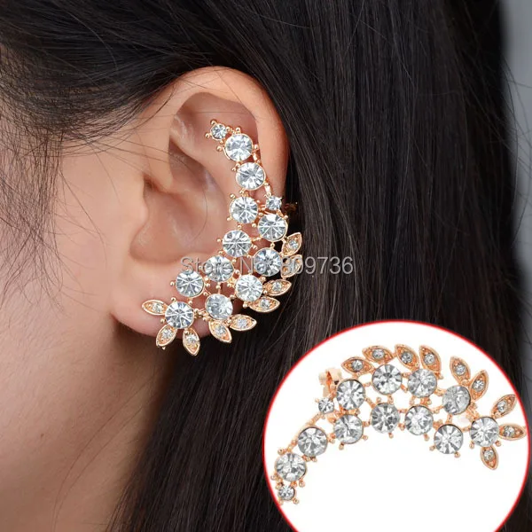 1pc Fashion Golden Rhinestone Leaf Earrings Clip New Design Crystal 1pc Fashion Golden Rhinestone Leaf Earrings Clip New Design Crystal Flower Leaves Jackets Women Punk