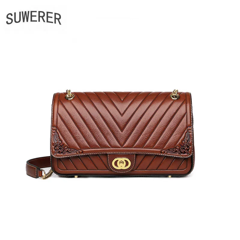 

SUWERER 2019 New Luxury women genuine leather bag brands top cowhide embossing bag fashion Chain bag women leather shoulder bag