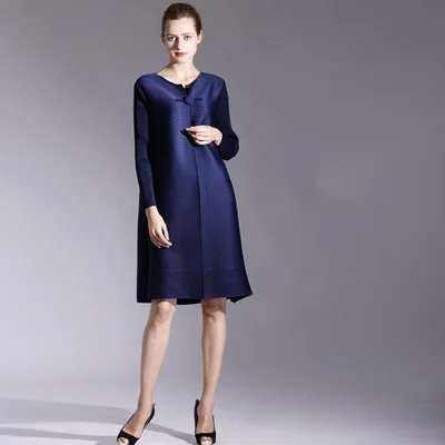Модное платье Miyake fold, однотонное платье с длинными рукавами, стильное платье с бантом