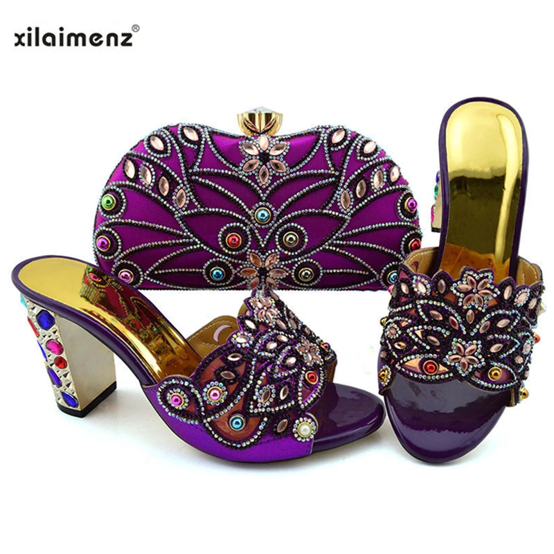 

2019 Special Arrivals Wedding African Party Shoes with Matching Bags Ladies Shoe and Bag Set Decorated in Purple for Party
