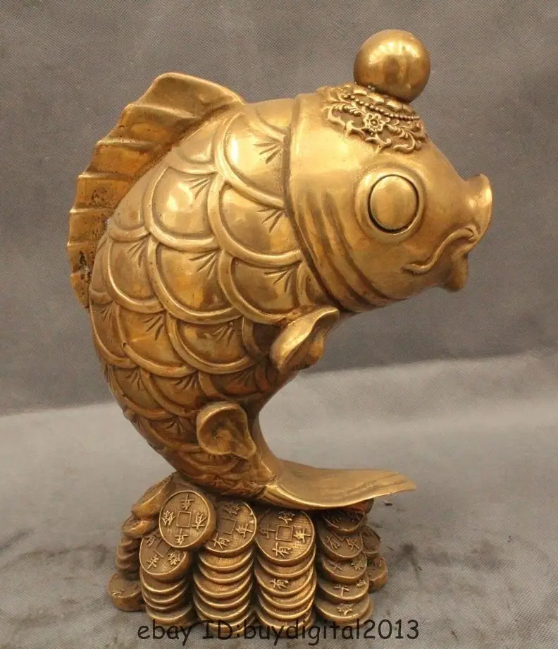 

13" Chinese Folk Feng Shui Brass Money Barracuda Fish Bead Animal Statue Sculptu