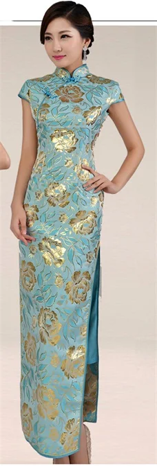 Высокая мода Небесно-голубой китайский леди парча Длинные Cheongsam Qipao Socialite Robe De Soiree размер S M L XL XXL QS14