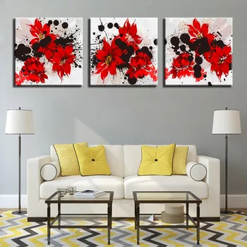 

Home Decor Wall Art Canvas HD Prints Poster 3 Pieces Red Flowers Paintings Hibiscus Rosa Sinensis Framework Pictures Living Room