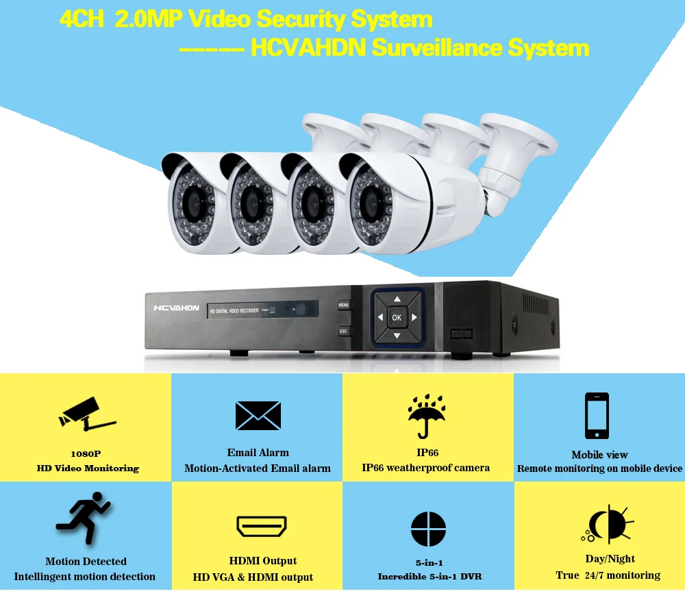 4CH AHD DVR CCTV 4 шт. AHD 1080 P 2.0MP 3000TVL ИК непогоды CCTV Камера безопасности Системы кабель DVR для видеонаблюдения Системы комплект