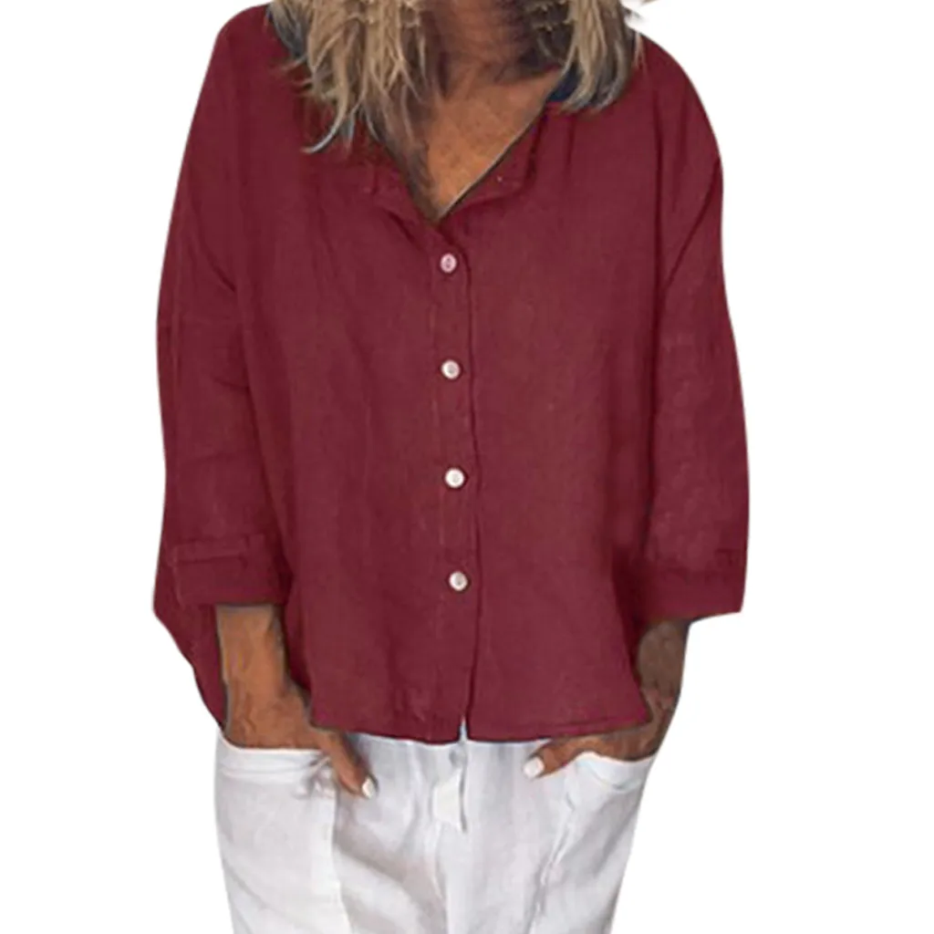 Womail Summer Women Casual Smooth comfortable and refreshing V Neck Plus Size Button Solid Linen Loose Daily Shirt W30507
