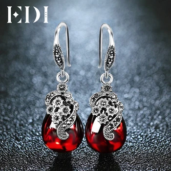 

EDI Gemstone 100% 925 Sterling Silver Garnet Dangle Earrings Vintage 3.9*1.3CM Agate Chalcedony Flower Earrings For Women