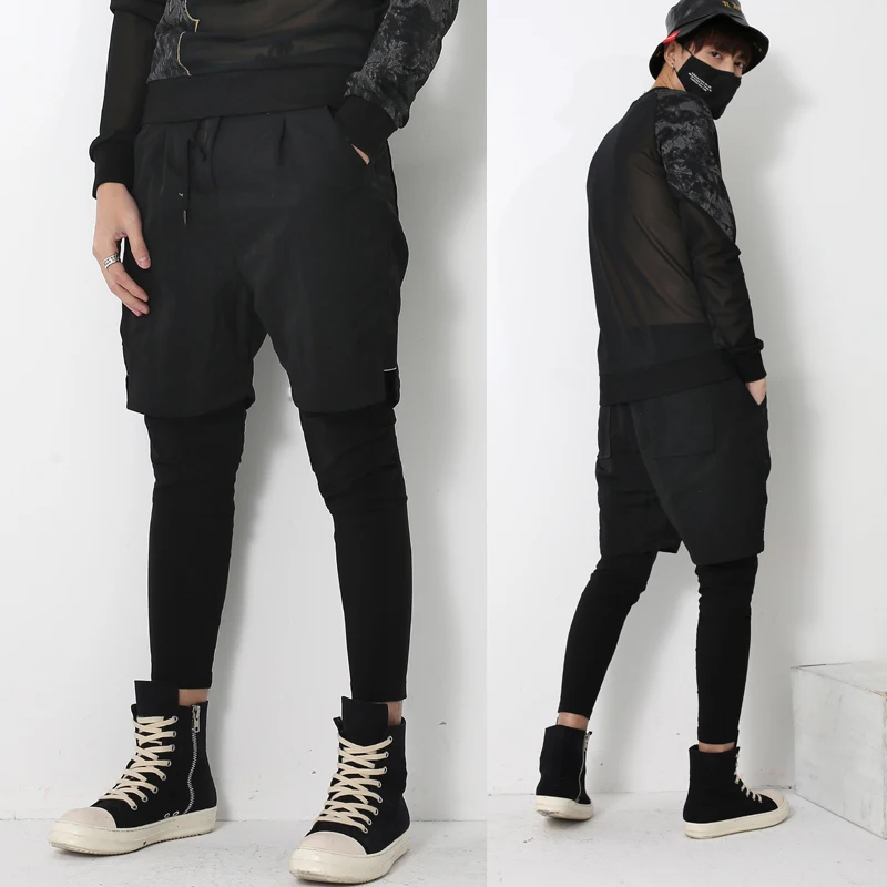 

NEW 2017 men's clothing Bigbang Korean Casual Hair Stylist fashion hip hop Fake 2 pieces pants hanging singer costumes