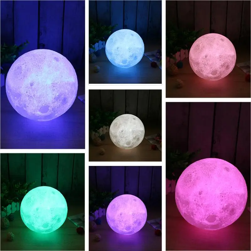 

3D Printed Full Moon Light LED Night Light Touch Switch Desk Lamp USB Colorful Changing Lunar Lamp Bedroom Decoration