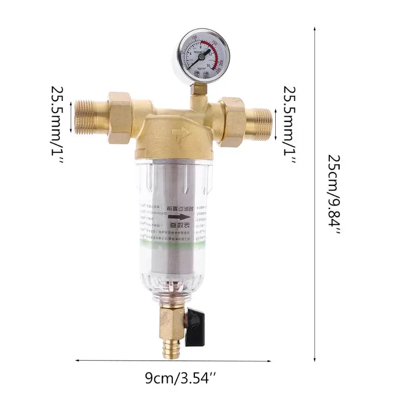 Water Pre Filter System 3/4" 1" Brass Mesh Pre-filter Purifier+ Pressure Gauge+ Reducer Adapter