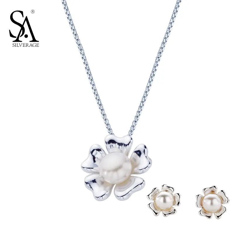 

SA SILVERAGE 925 Sterling Silver Jewelry Set Pear Flower Pendant Neckalce stud Earrings For Women Wedding party Gift with Box