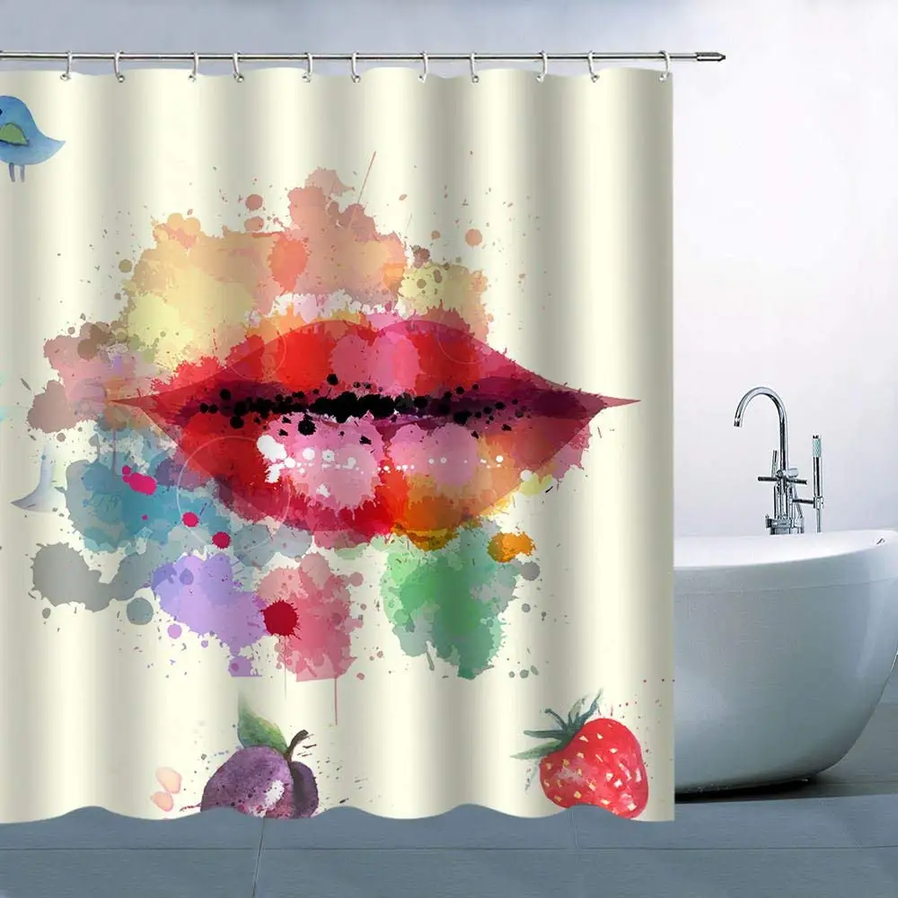 

Personality Red Lip Pattern Theme Shower Curtain Sexy Bright Red Lip Watercolor Blue Bird Strawberry Purple Blueberry Waterproof