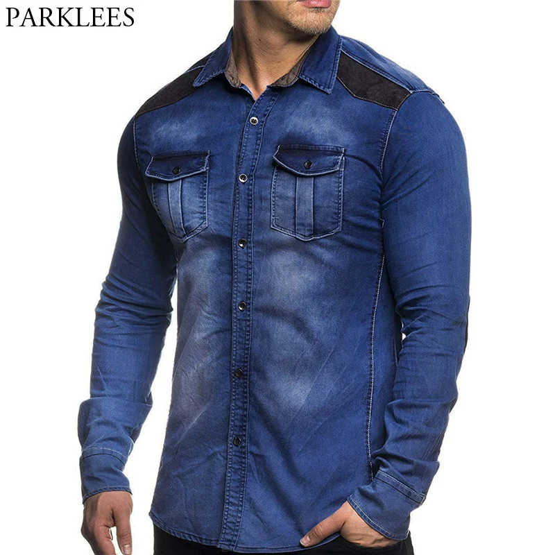 Suede Patchwork Mens Jeans Shirt New Denim Shirt Men Double Flip ...