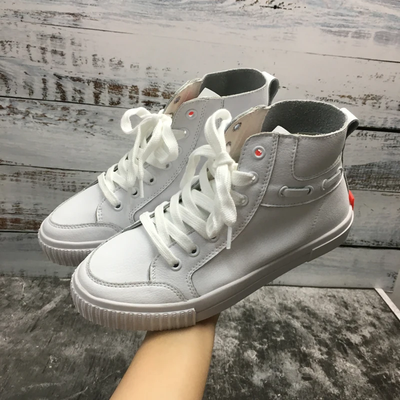 

Spring / Autumn Women Fashion Platform Sneakers Lace Up Solid Color Casual Shoes Genuine Leather White Shoes Woman