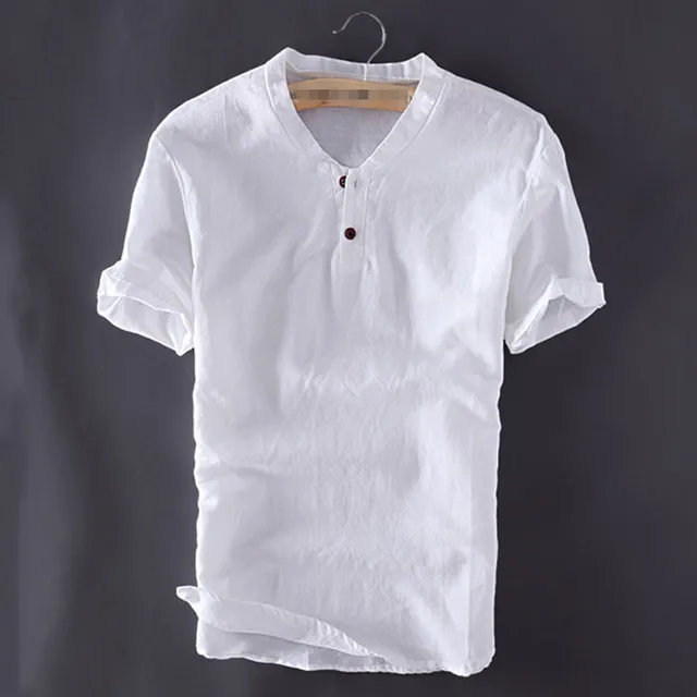 Mens Pullover Linen Shirts Short Sleeve Summer Breathable Mens Quality Casual Shirts Slim fit