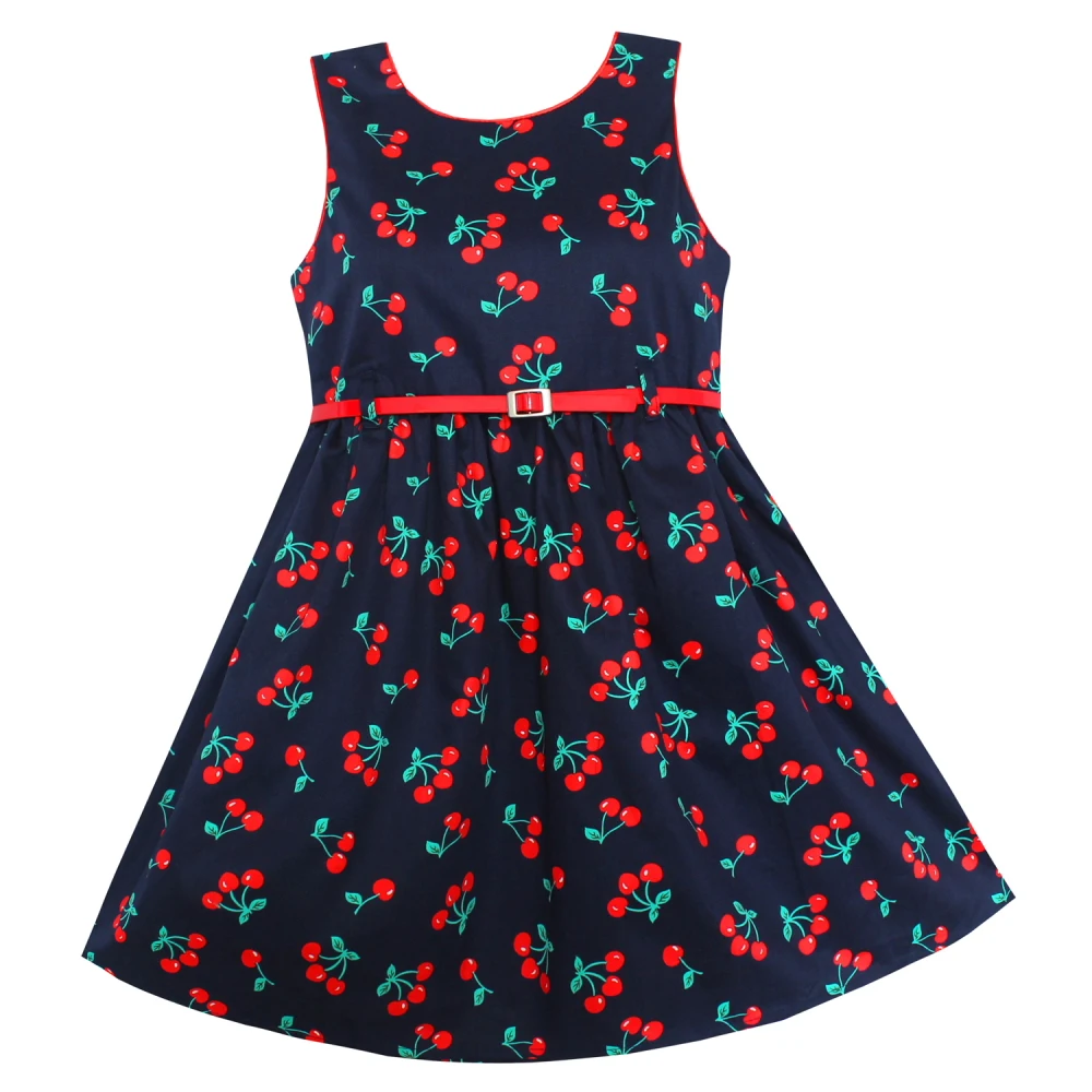 

Shybobbi Summer Girls Dress Blue Cherry Belt Toddler Sundress Party Pageant Baby Kids Clothes Size 2-8Y