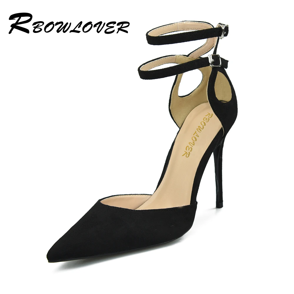 

RBOWLOVER 2018 Women Sandals Flock Leather Point Toe Sandals 6/8/10cm Thin High Heels Pumps Female Lace Up Shoes