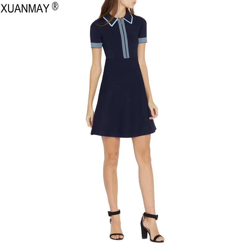 

Summer 2019 New Dress office Professional Wear Short-sleeved Dress brand design Slim thin Sweater Dress summer dark Blue Dress