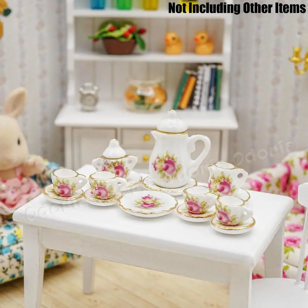 

Odoria 1:12 Miniature 15PCS Pink Rose Chintz with Golden Trim Tea Cup Set Porcelain Tableware Dollhouse Kitchen Accessories