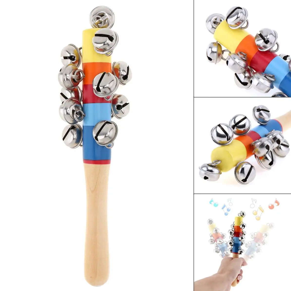 Colorful Wooden Bell Stick 11 Jingle Bells Hand Shake Rattles Baby Kids Children Educational