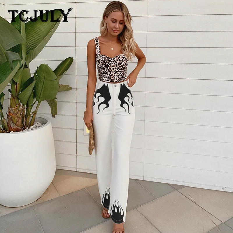 TCJULY/Новый дизайн 100% хлопок расклешенные брюки с принтом пламени для женщин