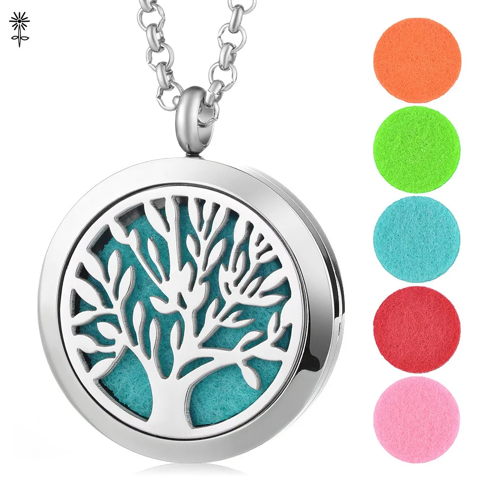 

30mm 316L Stainless Steel Tree of Life Perfume Essential Oil Diffuser Locket Necklace Pendant with 5pcs Felt Oil Pads