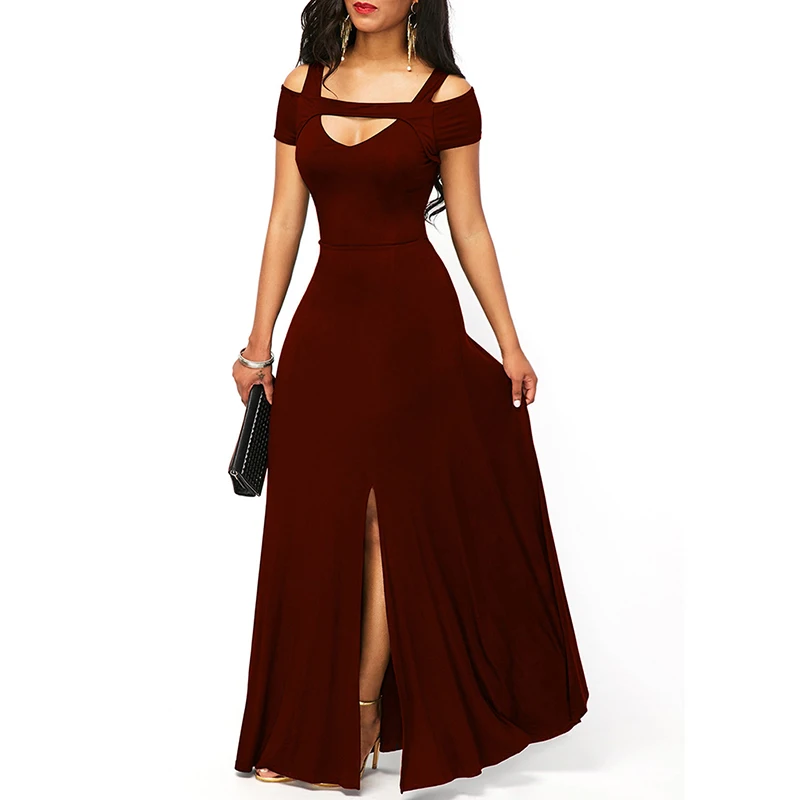 Сексуальное пляжное летнее платье с открытыми плечами, сарафаны, винтажные вечерние платья макси, женское платье на тонких бретелях, длинные платья с разрезом, Vestido - Цвет: Wine Red