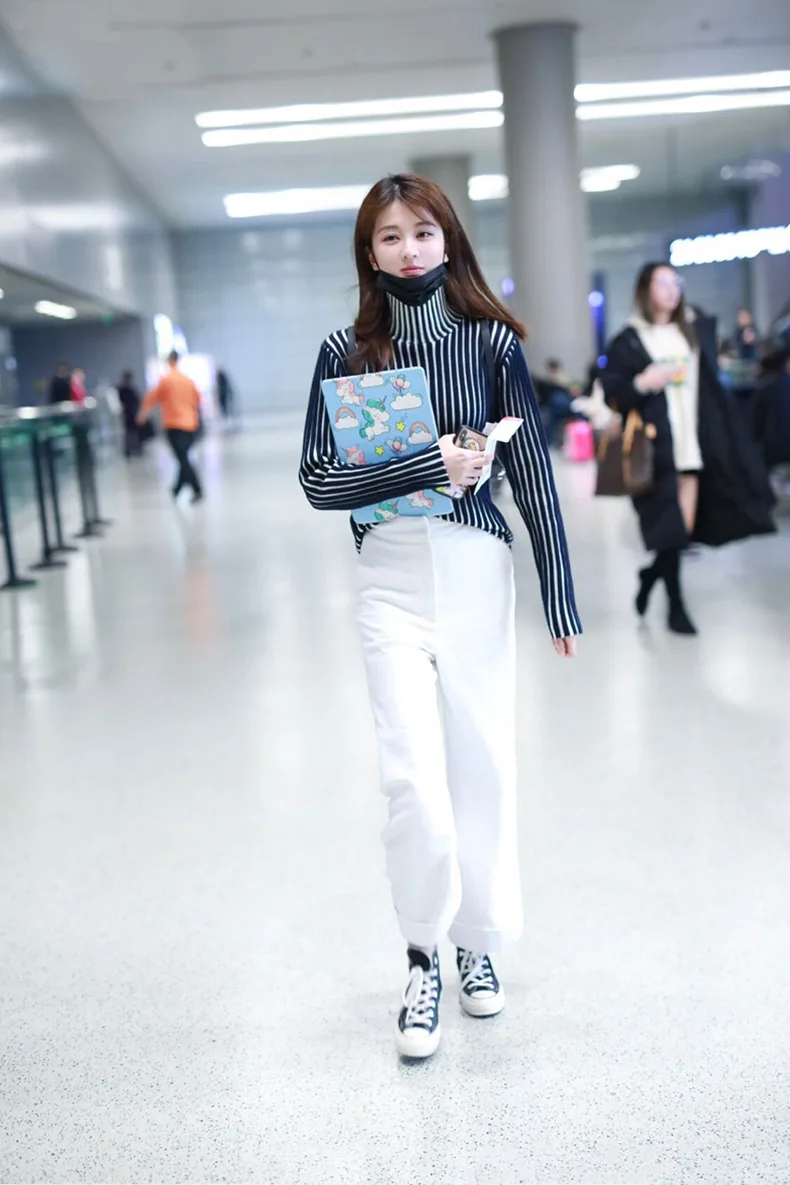 Airport Same Vertical Stripe High-collar Double-color Knitted Sweater Underwear 2019 Turtleneck Women Sweater Pullovers