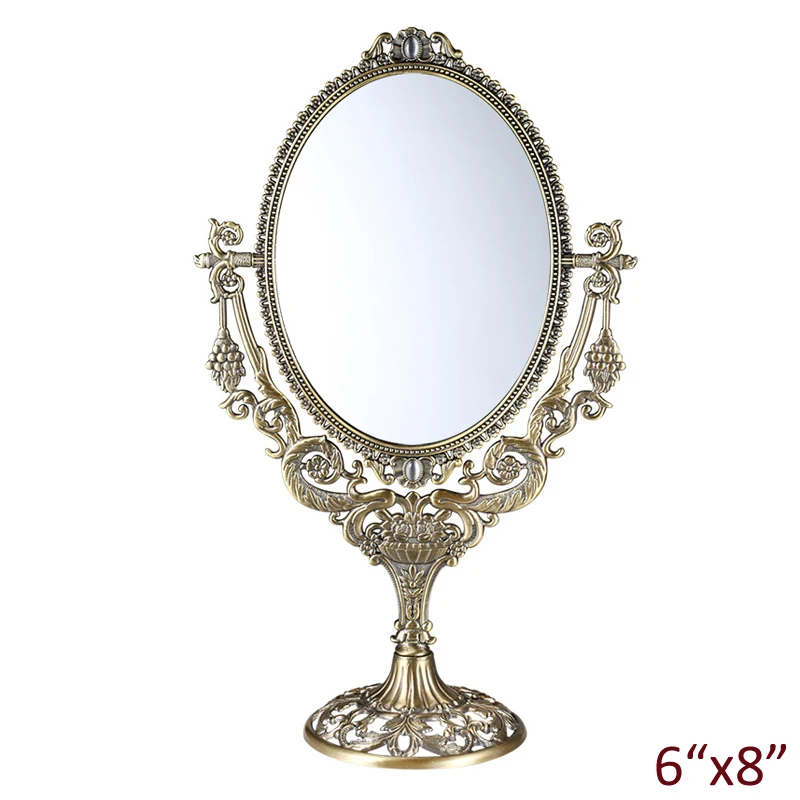 European Vintage Grape Branch with Flowers Design Antique Brass 6x8 inches Double-sided Metal Table Decor Swing Cosmetic Mirror