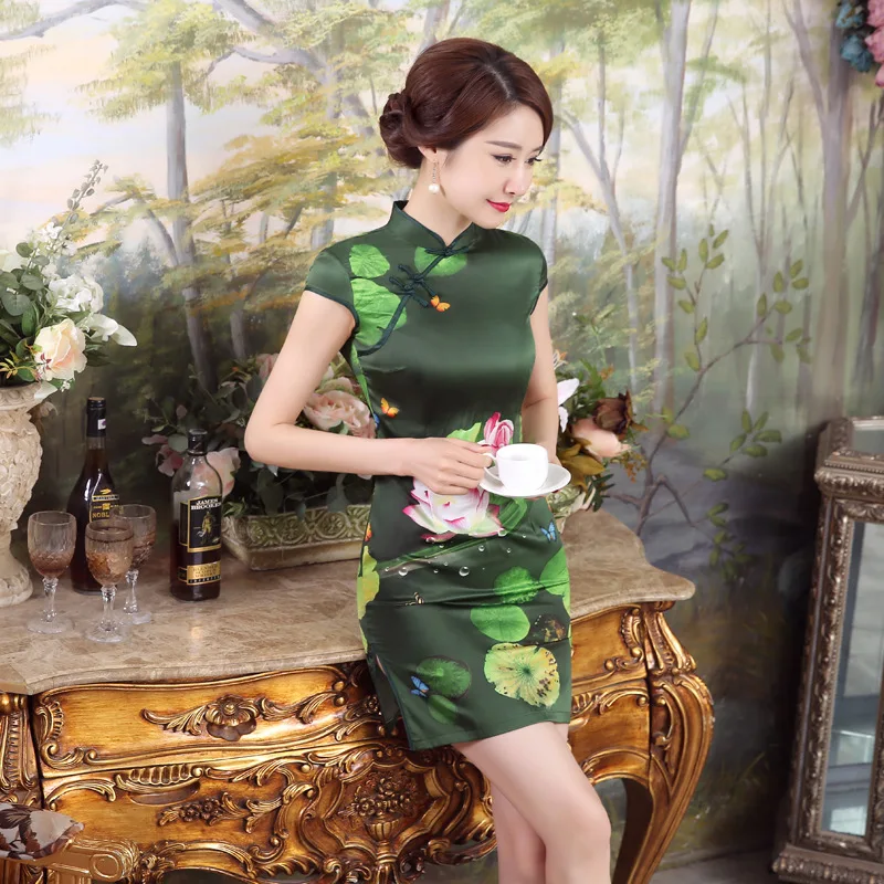 Sheng Coco женские темно-зеленые модифицированные короткие Cheongsam платья с рисунком лотоса атласная Женская одежда современная мода китайский