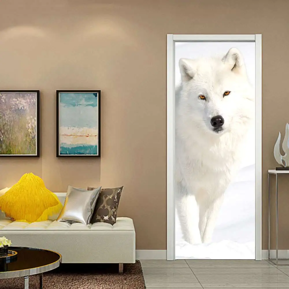 Новая 3D белая лисица дверь стикер DIY наклейки для домашнего декора самоклеющиеся обои на дверь водоотталкивающие обои для спальни ремонт дверей