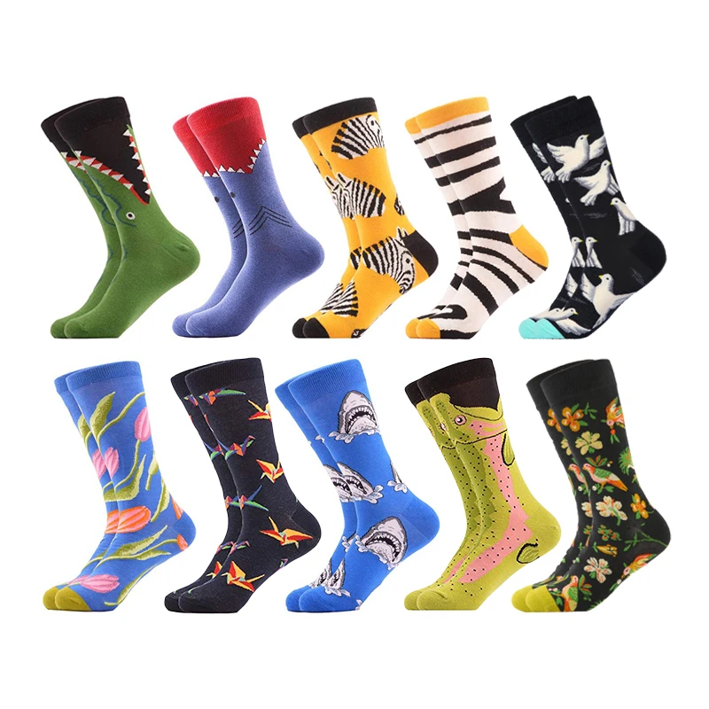 

Men Socks Cartoon Crocodile Shark Zebra Sloth Bird Flower Happy Harajuku Funny Hip Hop Street Style Skate Cotton Male Dress Sock