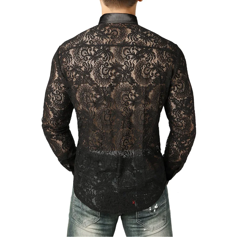 Men's Mesh See Through Fishnet Clubwear Shirts Slim Fit Long Sleeve Sexy Lace Shirt Men Party Event Prom Transparent Chemise 2XL