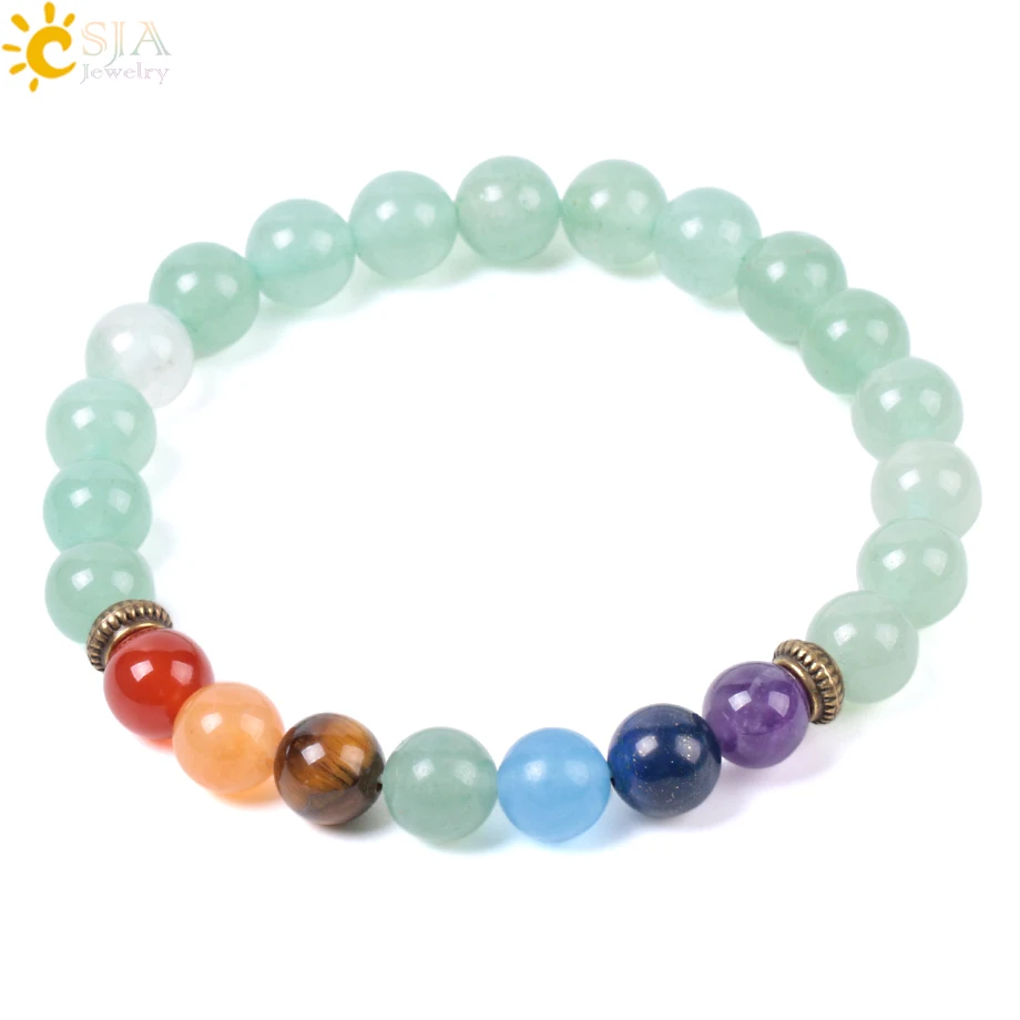 

CSJA Natural Gem Stone Green Aventurine Bracelets for Women Mens 8mm Mala Round Beads 7 Chakras Meditation Amulet Healing E985