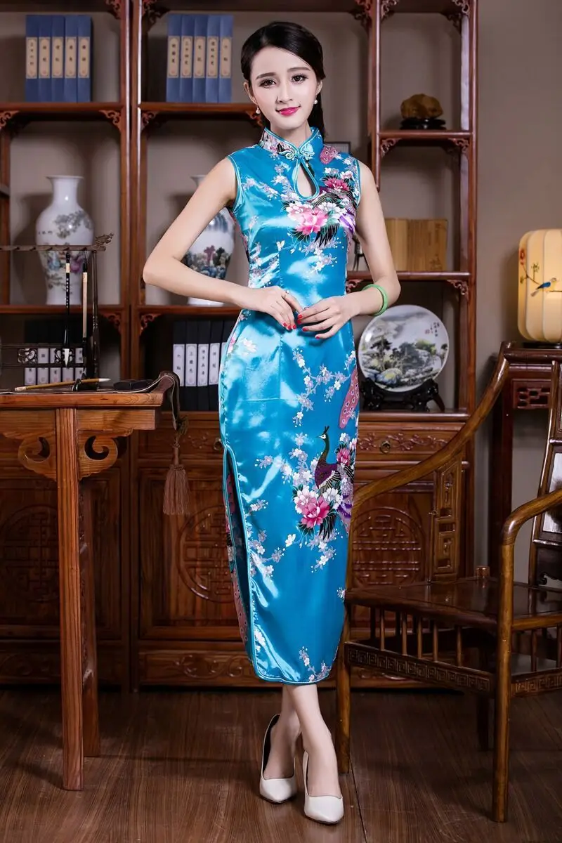 Cheongsam Китайский (Традиционный) Стиль длинное платье светильник синие летние