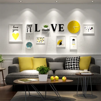 

Modern Wooden Photo Frame Wall Hanging Decoration Wedding Photo Frame Set Living Room Vintage Picture Frame With Yellow Clock