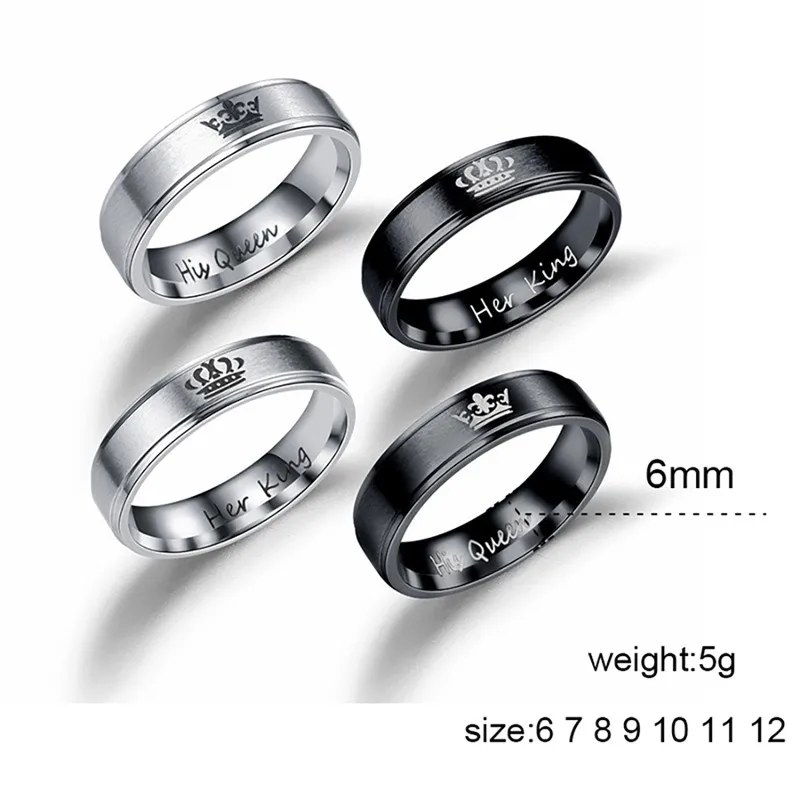 YAKAMOZ Fashion Stainless Steel Couple Rings Black Crown Her King His Queen Couple Jewelry Anniversary Valentine's Day Gifts