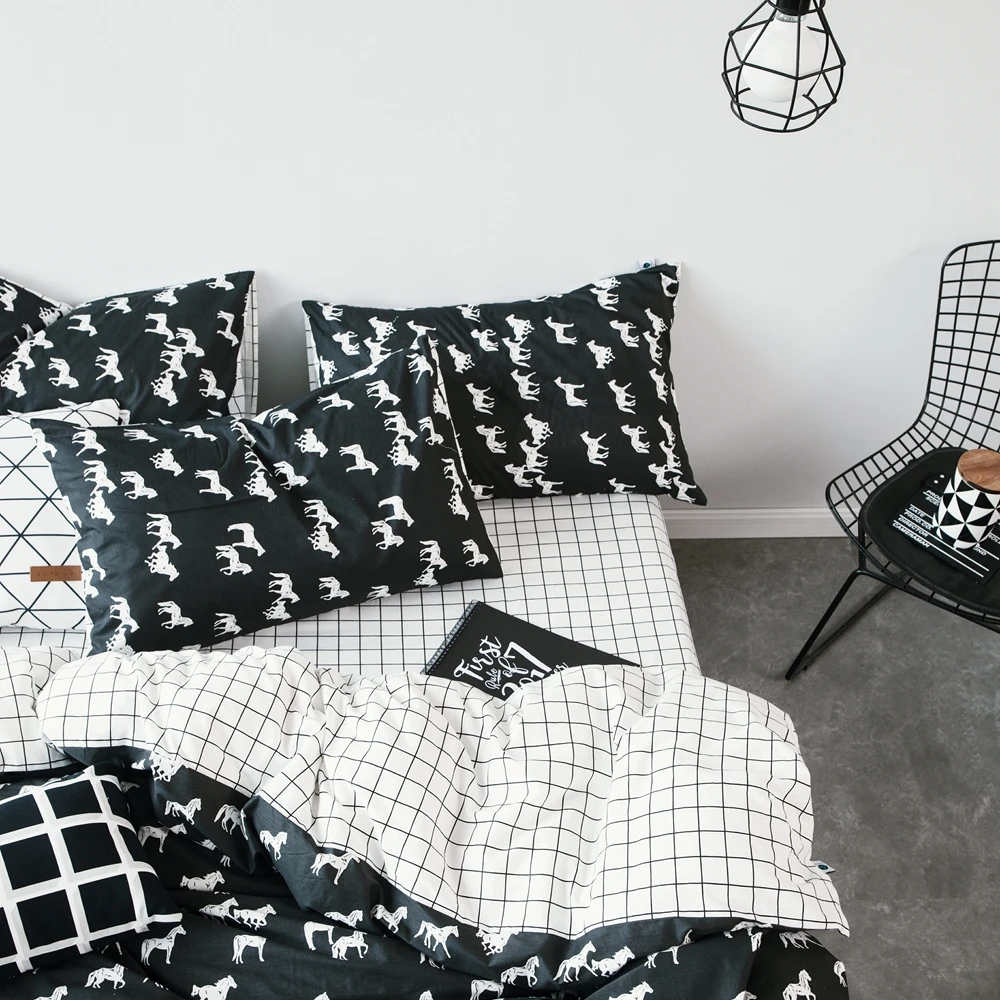 Black Horse Duvet Cover Set 100 Cotton Plaid Bed Sheet Pillow
