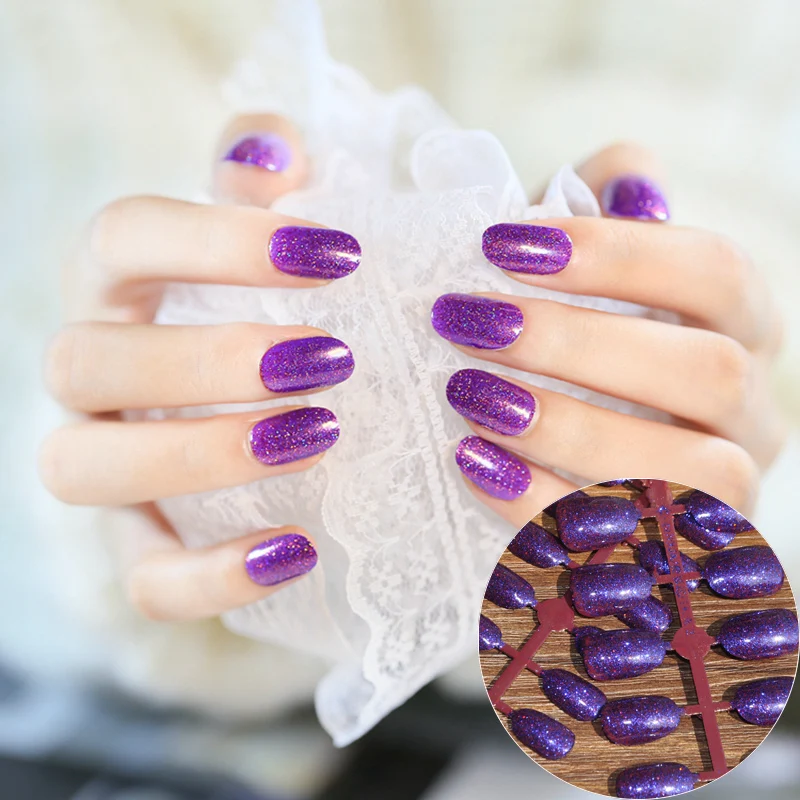 Sparkly UV Arylic font b Nails b font Short Purple Shiny Glitter Pre Designed font b