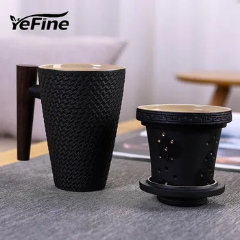 

YeFine Ceramic Coffee Mug With Filter And Cover Creative Wooden Handle Cups With Tea Infuser British Black Tea Mugs Porcelain
