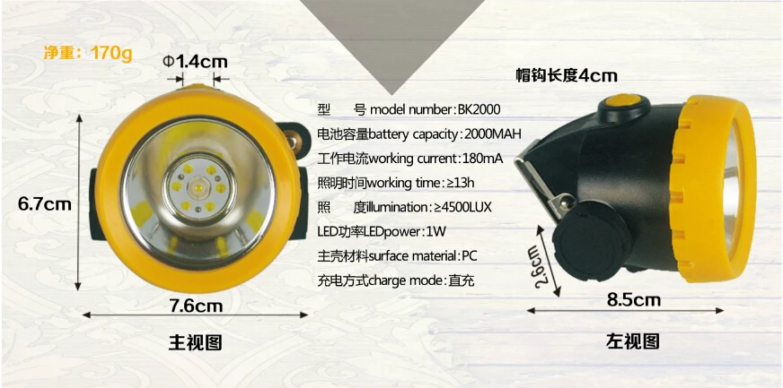 BK2000 светодиодный налобный фонарь с литий-ионной батареей, Шахтерская горная лампа 3500Lx 1W